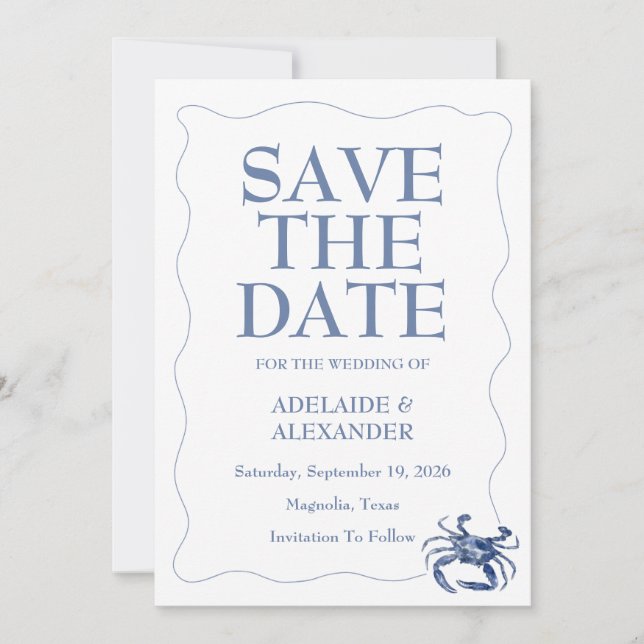 Modern Beach Coastal Watercolor Wedding Blue Invitation (Front)