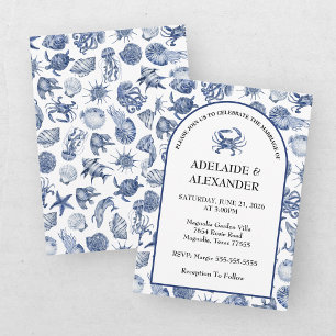 Modern Beach Coastal Watercolor Wedding Blue Invitation