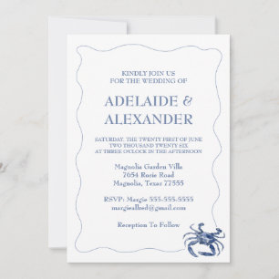 Modern Beach Coastal Watercolor Wedding Blue Invitation