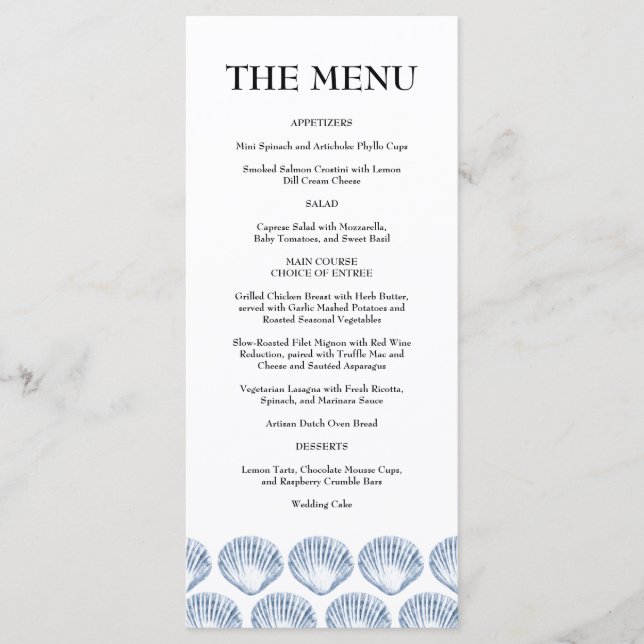 Modern Beach Coastal Watercolor Wedding Blue Menu (Front)