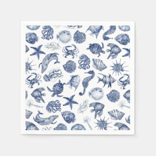 Modern Beach Coastal Watercolor Wedding Blue Napkins
