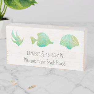 Modern Beach Coordinates Watercolor Sea Life Wooden Box Sign