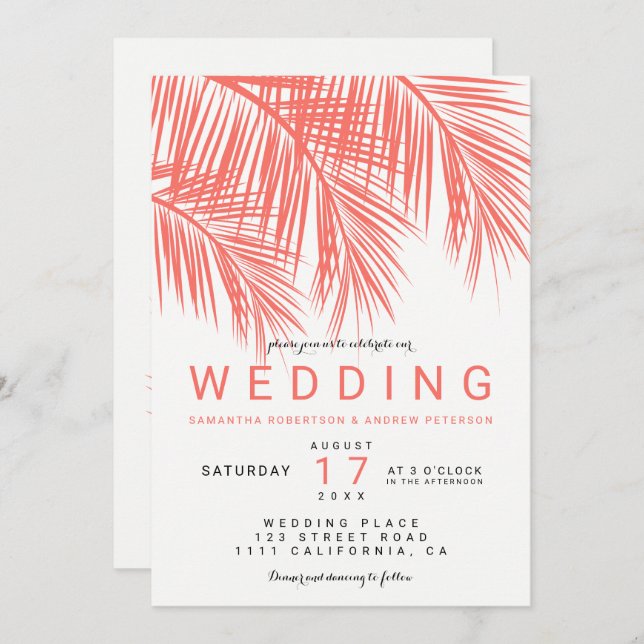 Modern beach coral palm tree elegant wedding invitation (Front/Back)