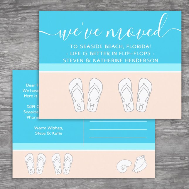 Modern Beach & Cute Flip Flops New Address Moving Announcement Postcard (Creator Uploaded)