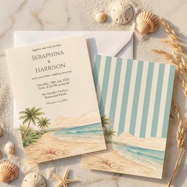 Modern Beach Destination Wedding Light Blue Stripe Invitation (Creator Uploaded)
