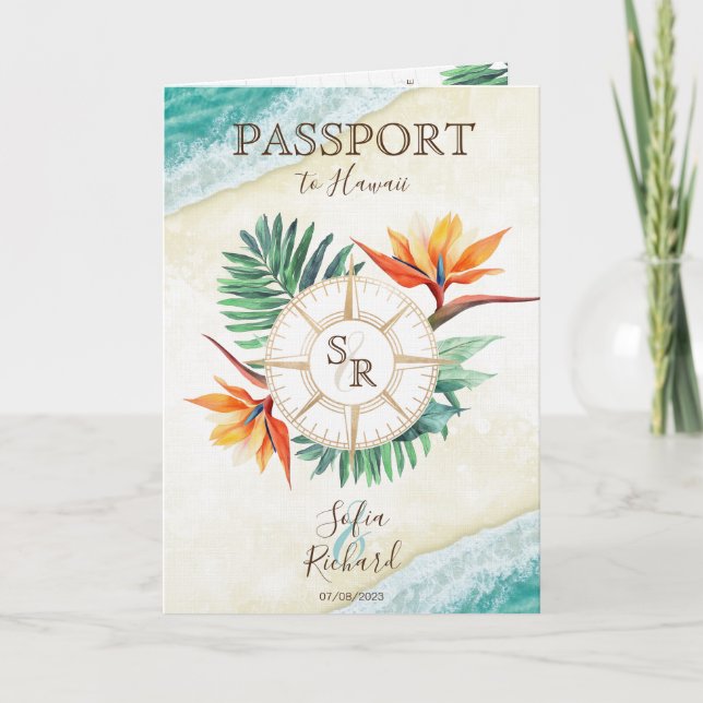 Modern Beach Destination Wedding Passport QR Code Invitation (Front)