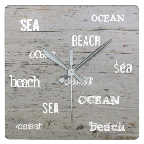 Modern beach driftwood ocean sea typography square wall clock