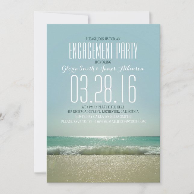 Modern beach engagement party invitations with sea (Front)