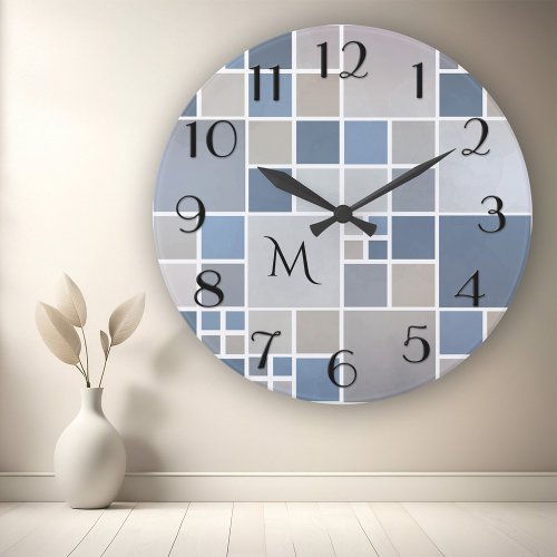 Modern Beach Geometric Pattern Monogram Wall Clock