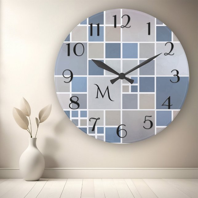 Modern Beach Geometric Pattern Monogram Wall Clock (Modern wall clock with a checkered beach inspired tile pattern - sand - dusty blue - watercolor)