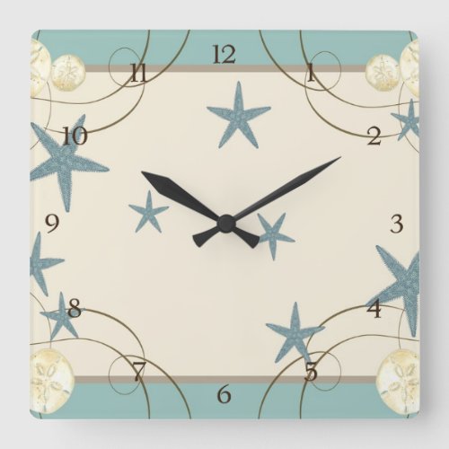 Modern Beach House Decor Starfish Sand Dollar Square Wall Clock