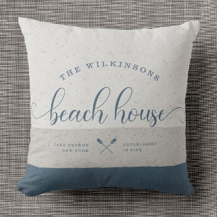 Modern Beach House Family Name Brush Script Blue Throw Pillow