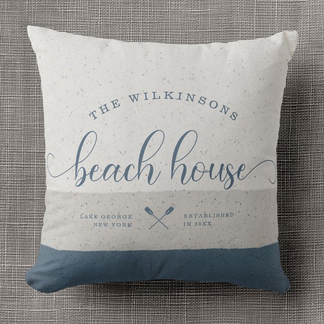 Modern Beach House Family Name Brush Script Blue Throw Pillow (Creator Uploaded)
