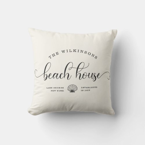 Modern Beach House Family Name Script Location Throw Pillow