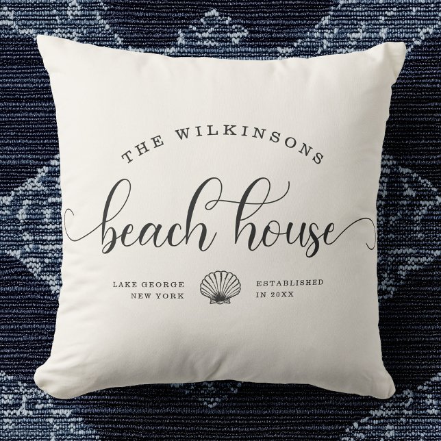 Modern Beach House Family Name Script Location Throw Pillow (Creator Uploaded)