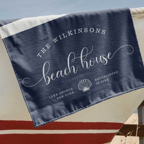 Modern Beach House Family Name Script Navy Blue Beach Towel