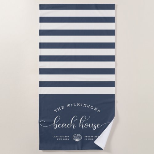 Modern Beach House Family Name Script Navy Blue Beach Towel