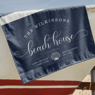 Modern Beach House Family Name Script Navy Blue Towel