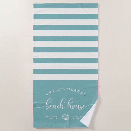 Modern Beach House Family Name Script Turquoise Beach Towel
