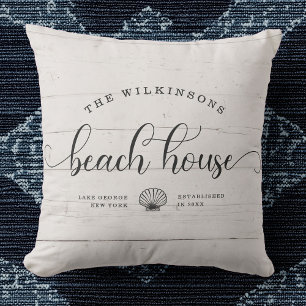 Modern Beach House Family Name Script White Wood Throw Pillow