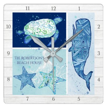 Modern Beach House Family Whale Turtle Octopus Art Square Wall Clock Modern Beach House Family Whale Turtle Octopus Art Square Wall Clock