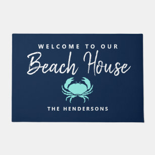 Modern Beach House Nautical Blue Teal Crab Name Doormat