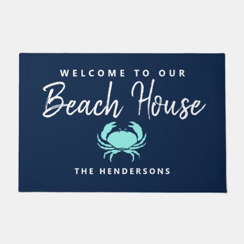 Modern Beach House Nautical Blue Teal Crab Name Doormat