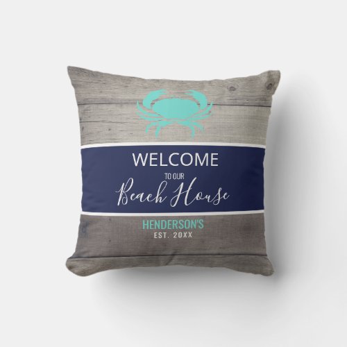 Modern Beach House Nautical Teal Blue Personalized Outdoor Pillow