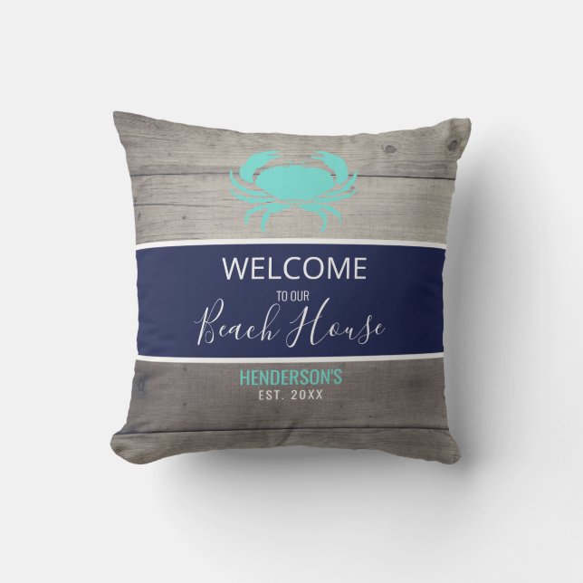 Modern Beach House Nautical Teal Blue Personalized Outdoor Pillow (Front)