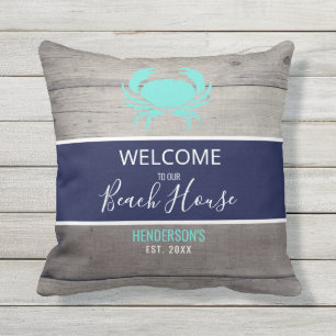 Modern Beach House Nautical Teal Blue Personalized Outdoor Pillow