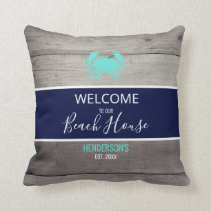 Modern Beach House Nautical Teal Blue Personalized Throw Pillow