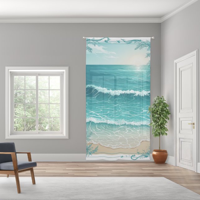 Modern Beach House Turquoise Seaside Beach Waves Sheer Curtains (Wide)