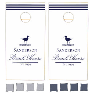 Modern Beach House White Navy Blue Sandpipers  Cornhole Set