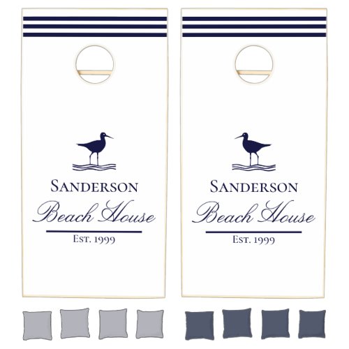 Modern Beach House White Navy Blue Sandpipers  Cornhole Set