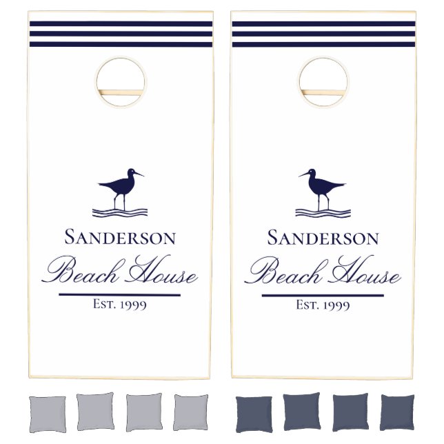 Modern Beach House White Navy Blue Sandpipers  Cornhole Set (Set)