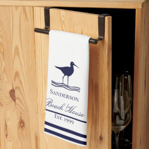 Modern Beach House White Navy Blue Sandpipers Kitchen Towel