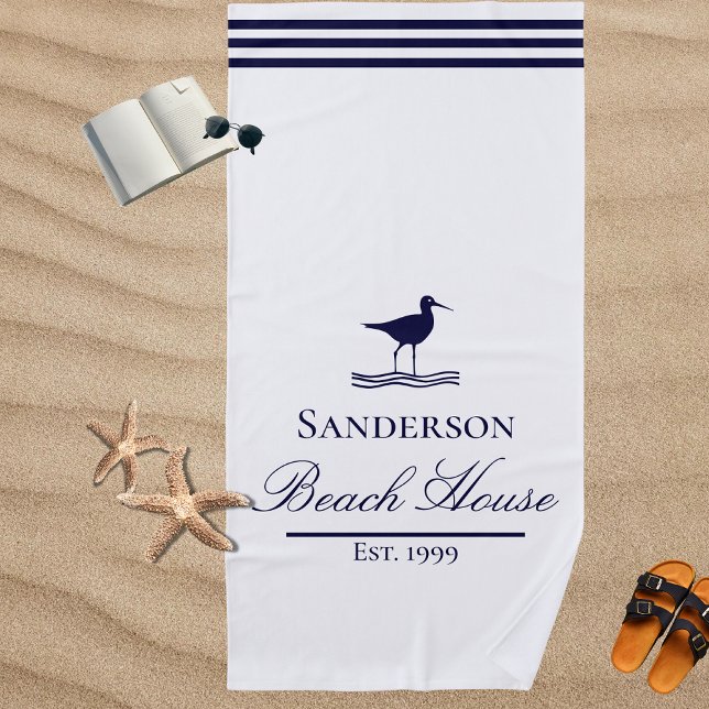 Modern Beach House White Navy Blue Sandpipers  Towel (Creator Uploaded)