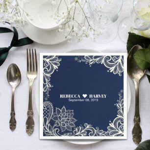 modern beach nautical white lace navy blue wedding napkins