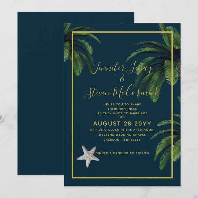 Modern Beach Navy Blue Gold Palm Tree Wedding Invitation (Front/Back)