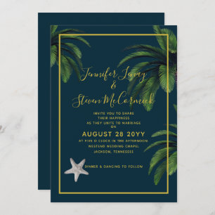 Modern Beach Navy Blue Gold Palm Tree Wedding Invitation