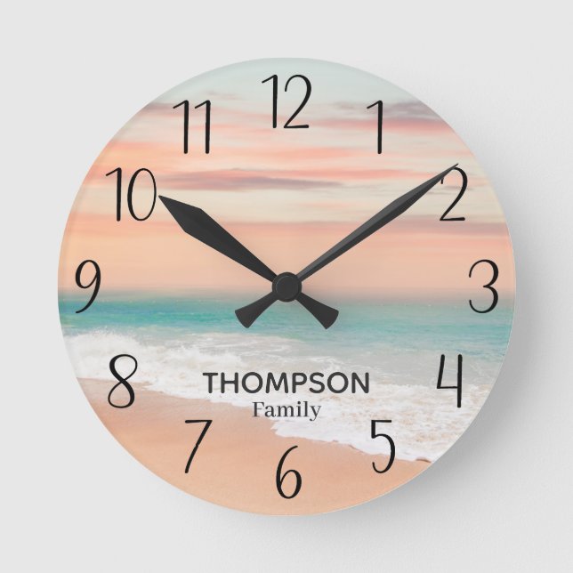  Modern Beach Ocean Blue Orange Sky Round Clock (Front)