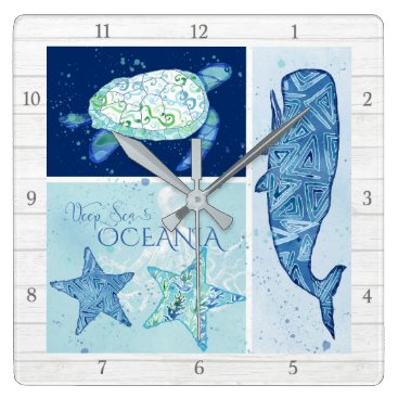 Modern Beach Ocean Deep Sea Whale Turtle Octopus Square Wall Clock Modern Beach Ocean Deep Sea Whale Turtle Octopus Square Wall Clock