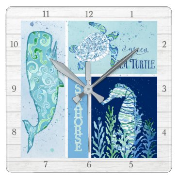 Modern Beach Ocean Geometric Whale Turtle Seahorse Square Wall Clock Modern Beach Ocean Geometric Whale Turtle Seahorse Square Wall Clock