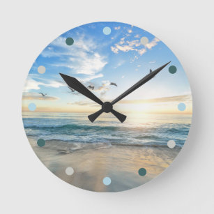 Modern Beach Ocean Waves Round Clock