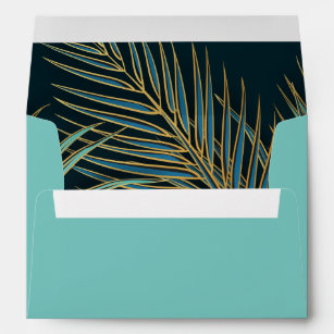 Modern Beach Palm Blue Gold Teal Tropical Wedding Envelope