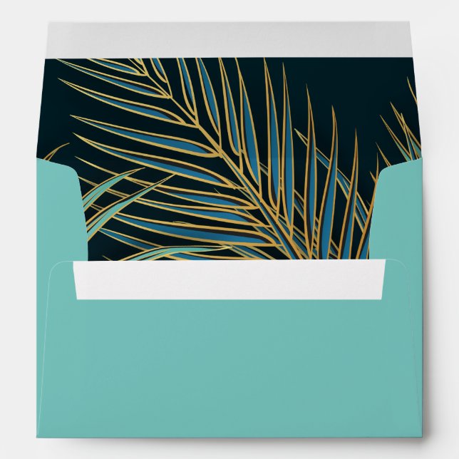 Modern Beach Palm Blue Gold Teal Tropical Wedding Envelope (Back (Bottom))