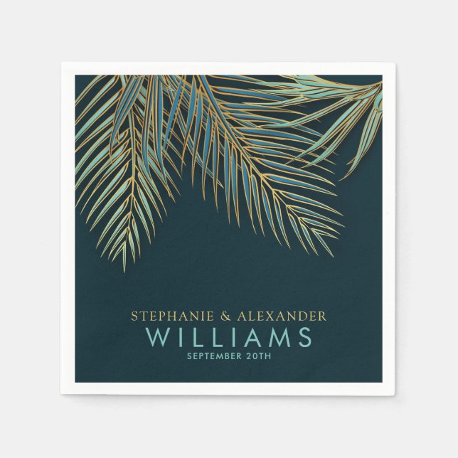 Modern Beach Palm Gold Blue Green Tropical Wedding Napkins (Front)