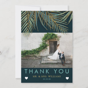 Modern Beach Palm Gold Blue Teal Tropical Wedding Thank You Card