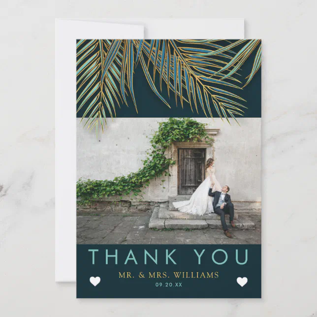 Modern Beach Palm Gold Blue Teal Tropical Wedding Thank You Card | Zazzle