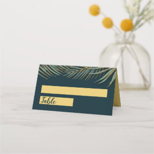 Modern Beach Palm Gold Teal Green Tropical Wedding Place Card